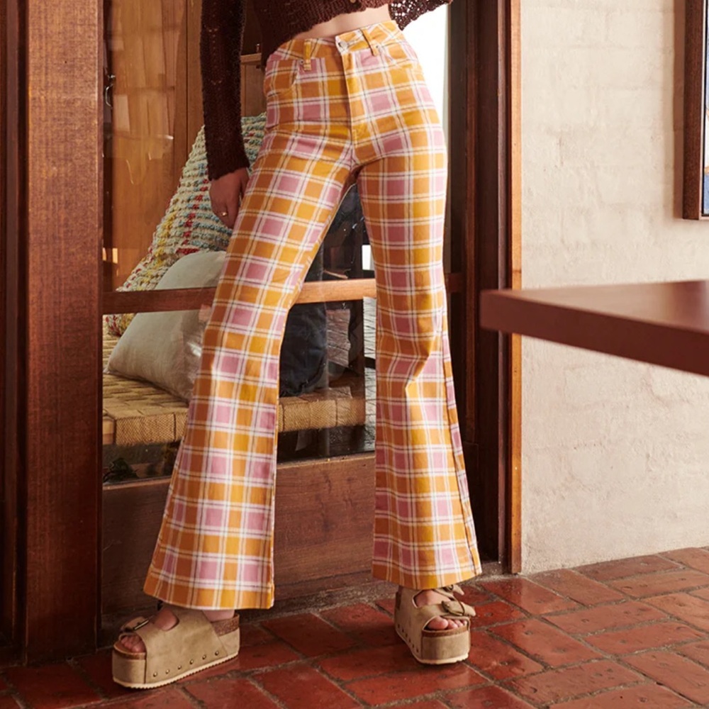 Free People Plaid Wide Leg Pants - Pink and Yellow